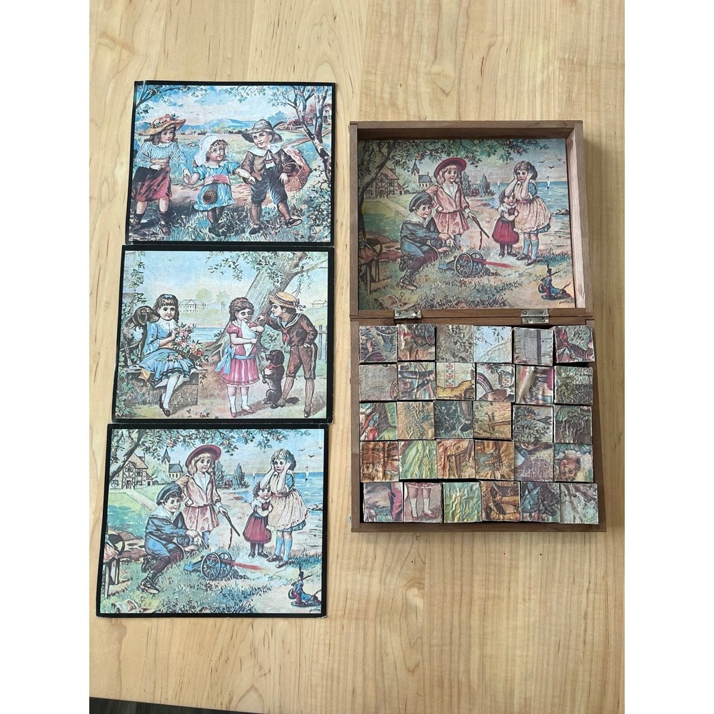 Antique Victorian 6-View Wooden Toy Blocks Puzzle Complete in Wood Box